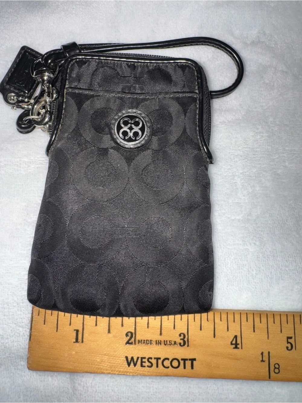 Coach Black Signature Jacquard Wristlet Pouch with Silver Emblem
